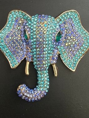 AB Crystal Elephant Brooch in Teal and Sapphire